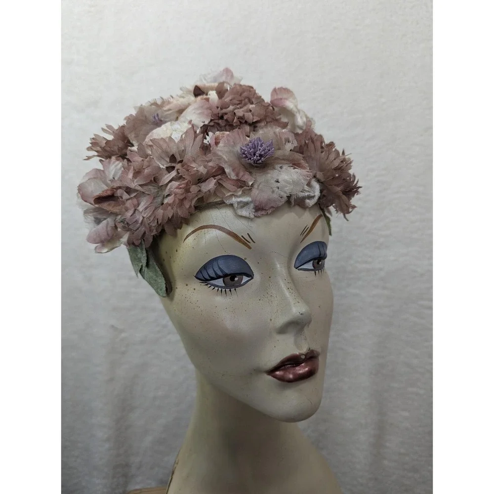 Vtg 1960s Floral‎ Half Hat Purple Lavender Japan Gorgeous Wedding Flowers Mod